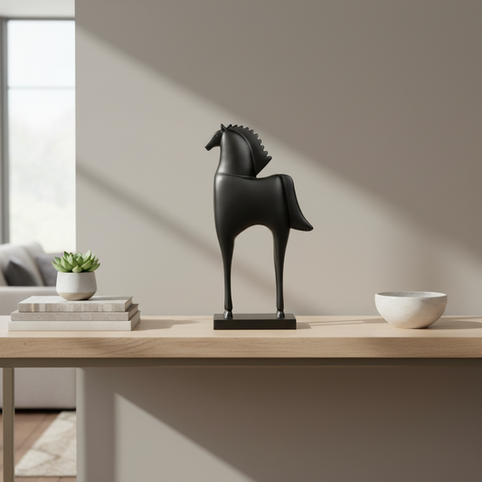 Black horse sculpture on a wooden surface with a gray background