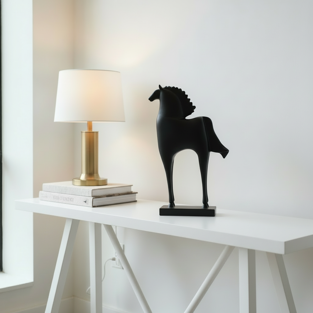 Black horse sculpture on a white table next to a lamp and books