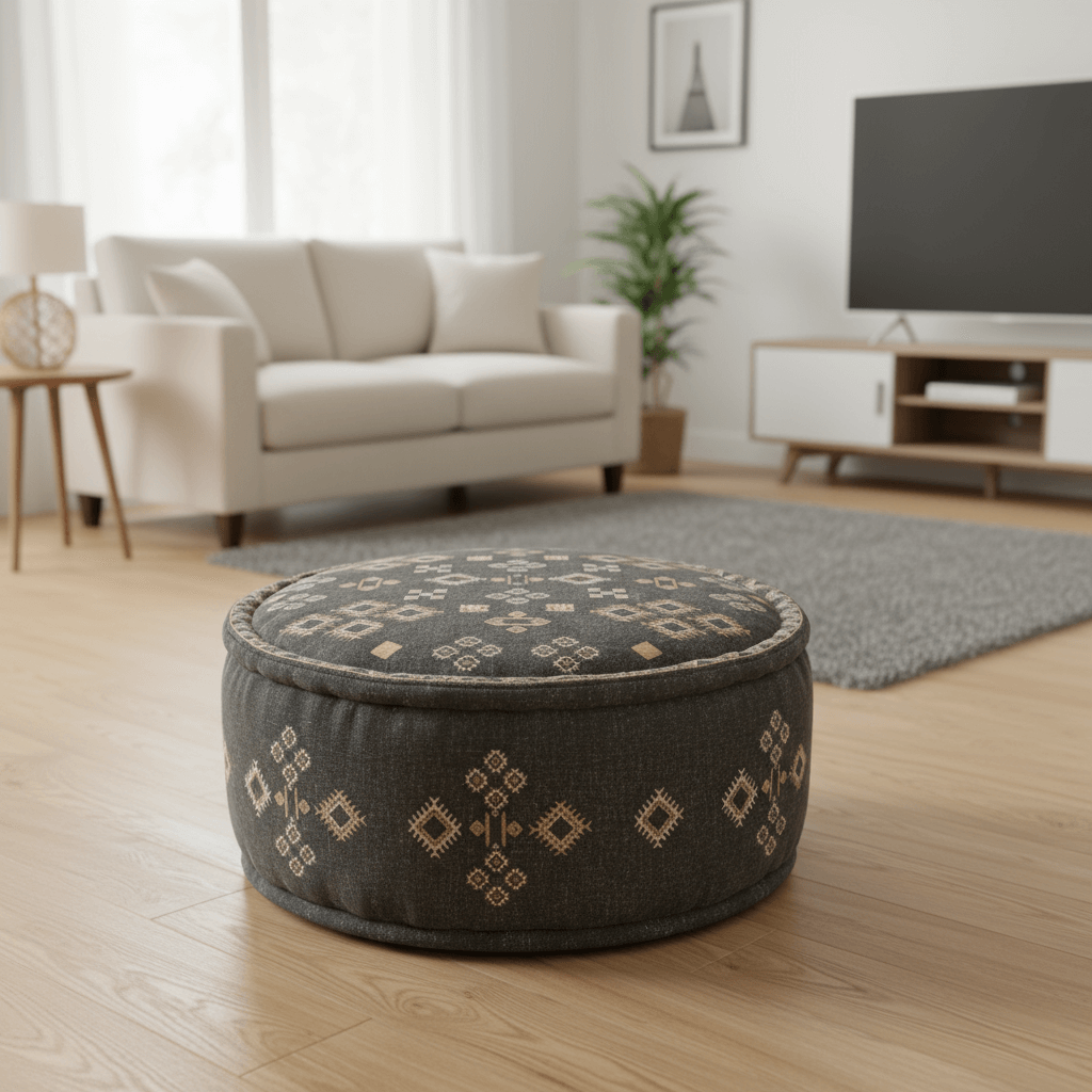 Bohemian Charcoal Handcrafted Ottoman Pouf in a stylish living room setting with a modern design and geometric patterns.