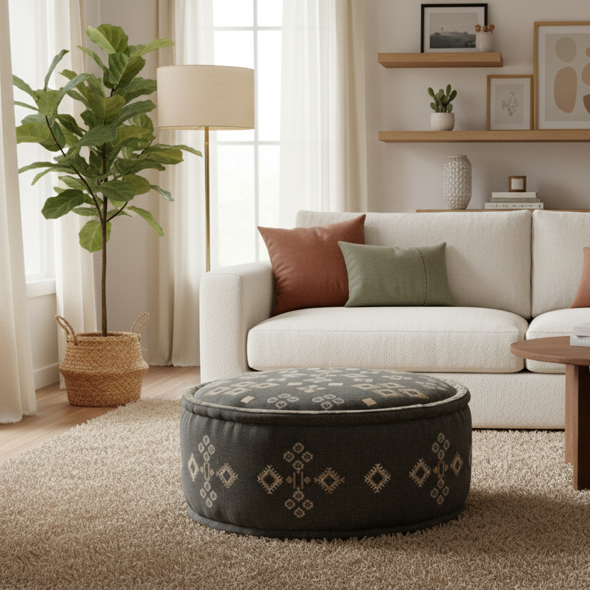 Living room with a white sofa, patterned ottoman, and decorative elements.