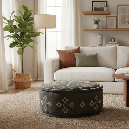 Living room with a white sofa, patterned ottoman, and decorative elements.