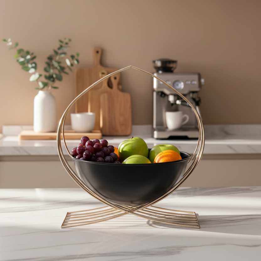 Decorative fruit bowl with gold stand on a kitchen counter