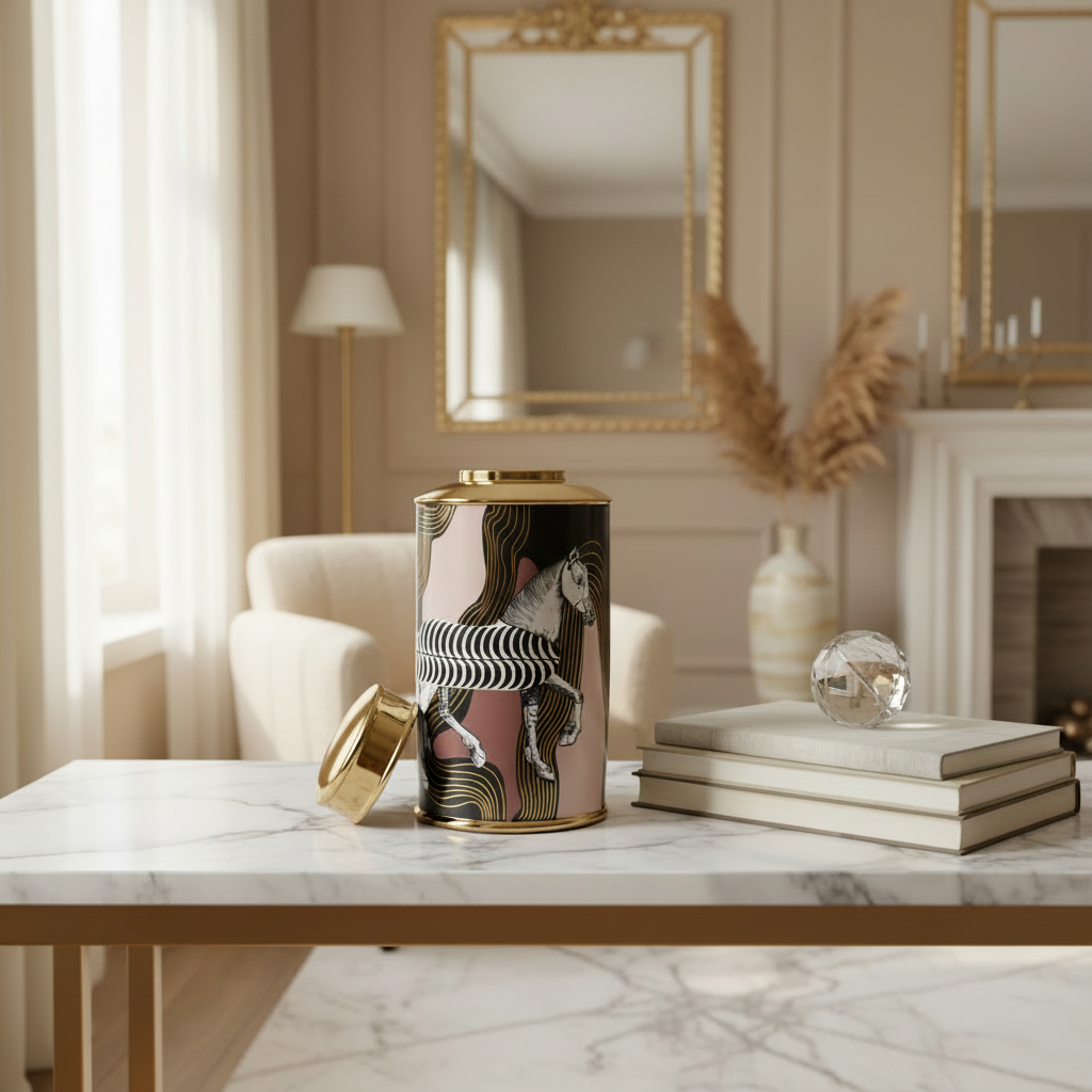 Decorative cylindrical canister with horse design on a marble table in a stylish room.