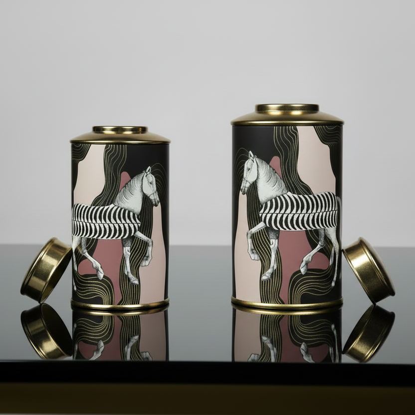 Two decorative cans with horse illustrations on a reflective surface.