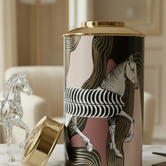 Decorative cylindrical container with horse design and gold accents on a table.