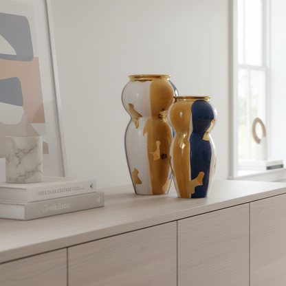 Two decorative vases on a wooden cabinet in a bright room with a chair and window.