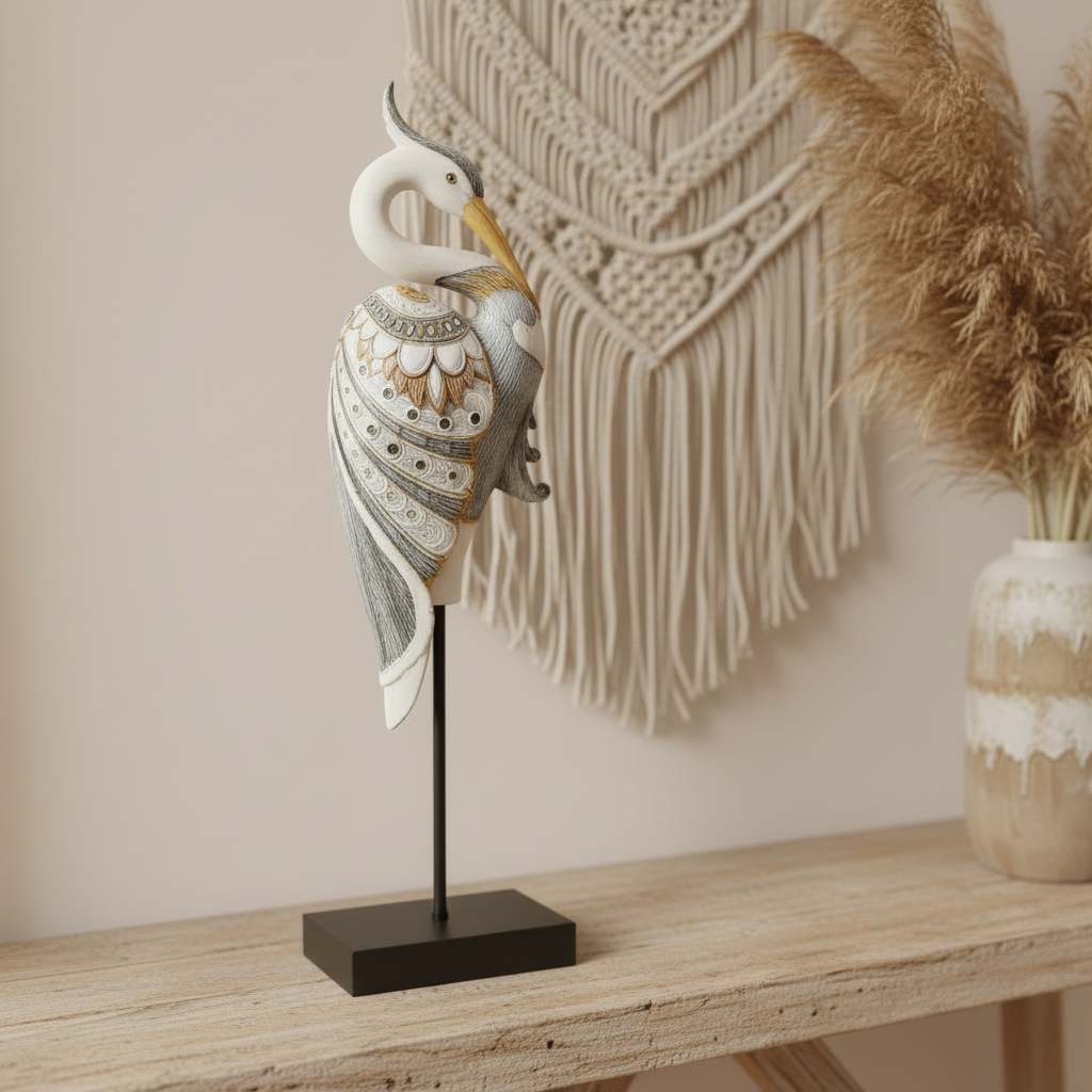 Decorative sculpture of a heron on a stand against a white background