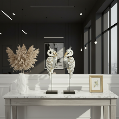 Decorative items on a marble table with a modern interior setting