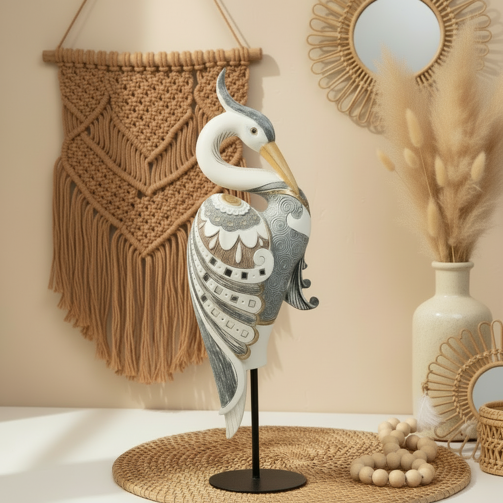 Decorative bird sculpture on a stand with bohemian-style wall art and decor in the background.