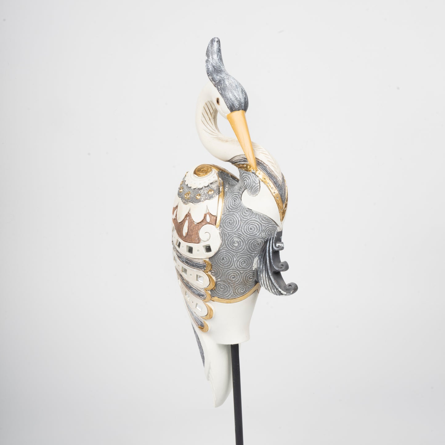 Avian Artistry: Ornate Heron Sculpture on Stand