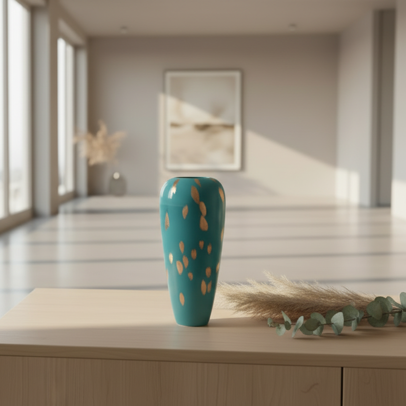 Teal vase with gold accents on a wooden surface in a bright room with large windows.