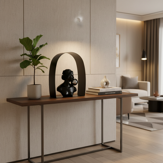 Modern console table with decorative items in a living room setting