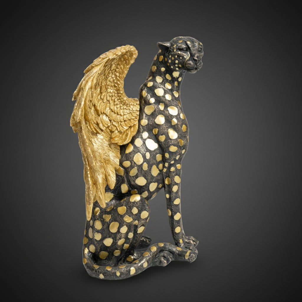 Statue of a winged leopard with gold and black details on a dark background