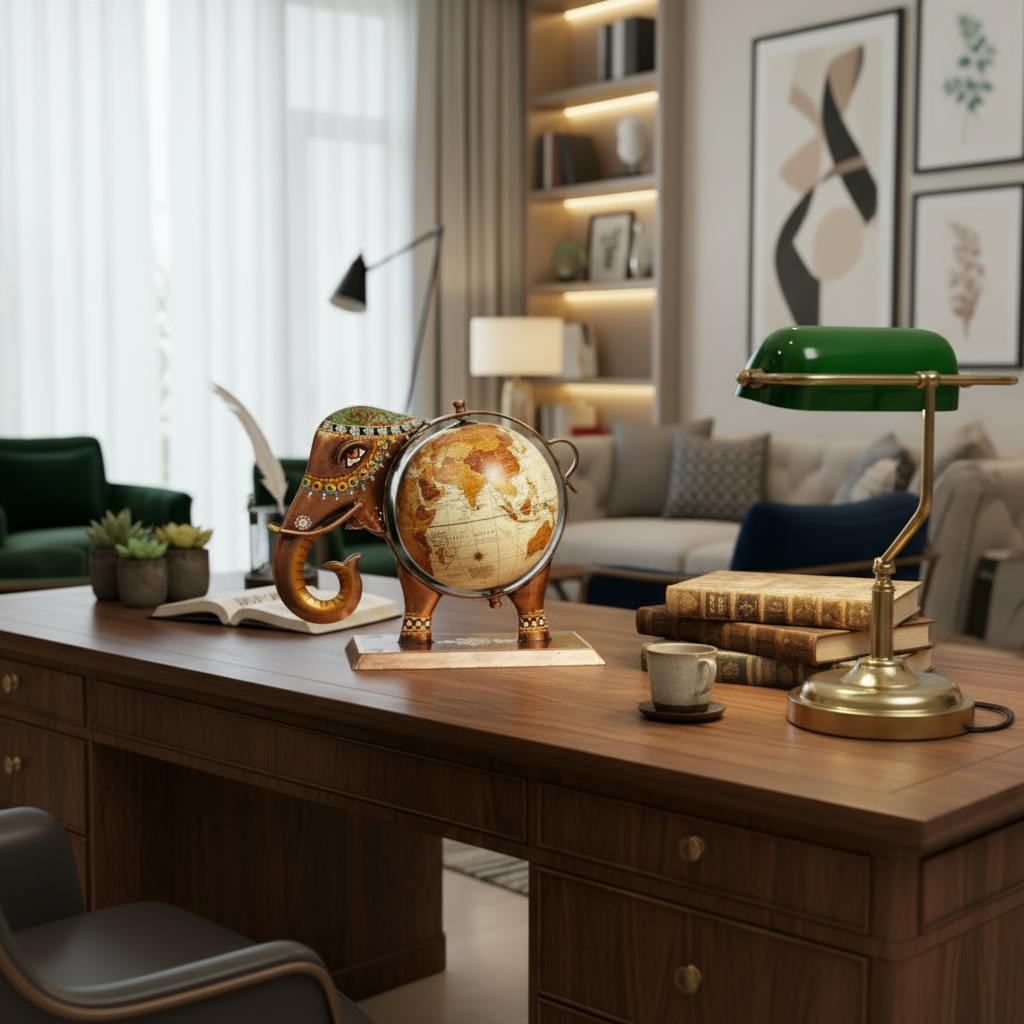 Decorative globe on a wooden desk with a lamp and books in a living room setting