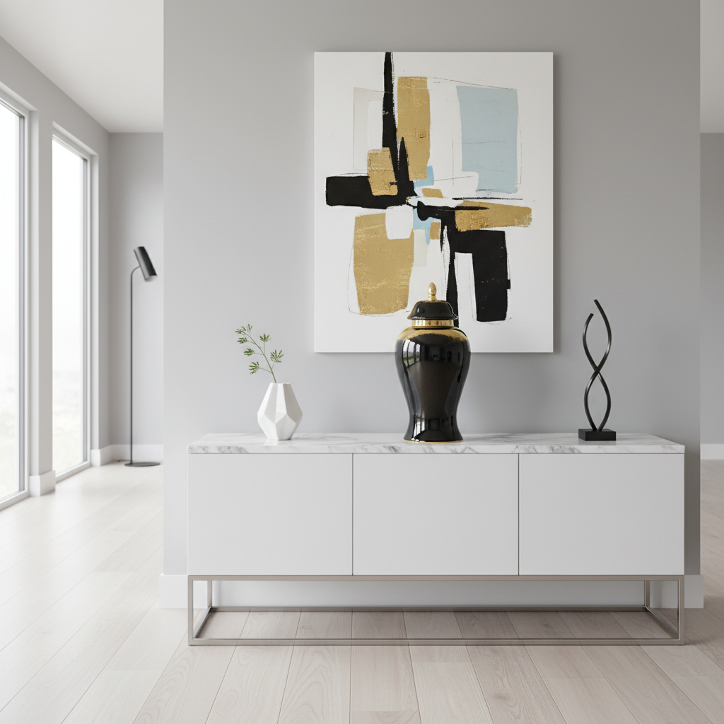 Modern interior with a white sideboard, abstract art, and decorative items.