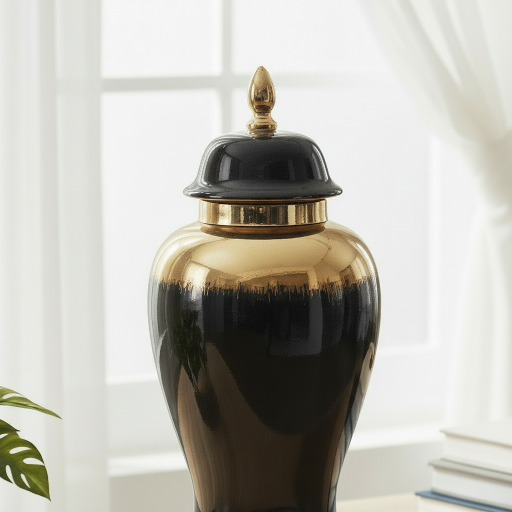 Decorative urn with gold and black design on a white background