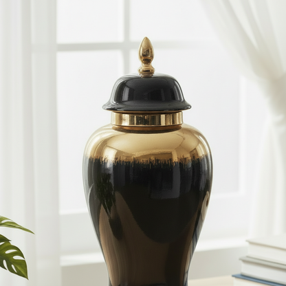 Decorative urn with gold and black design on a white background