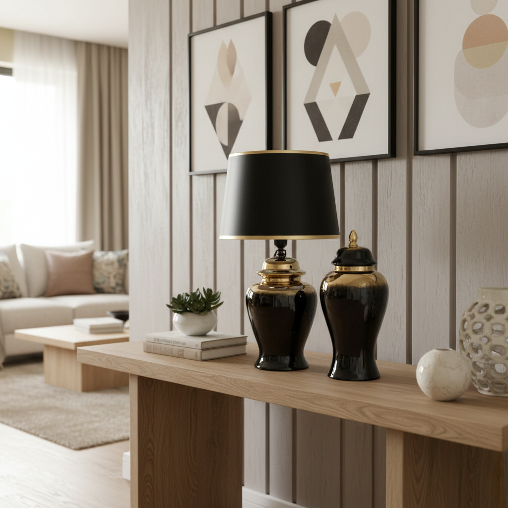 Decorative table with black lamp and vases in a living room setting