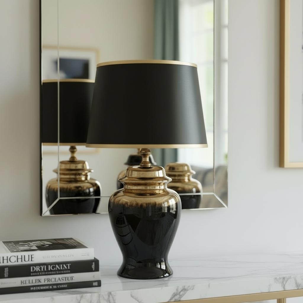 Black lamp with gold base on a CERAMIC 
surface in front of a mirror