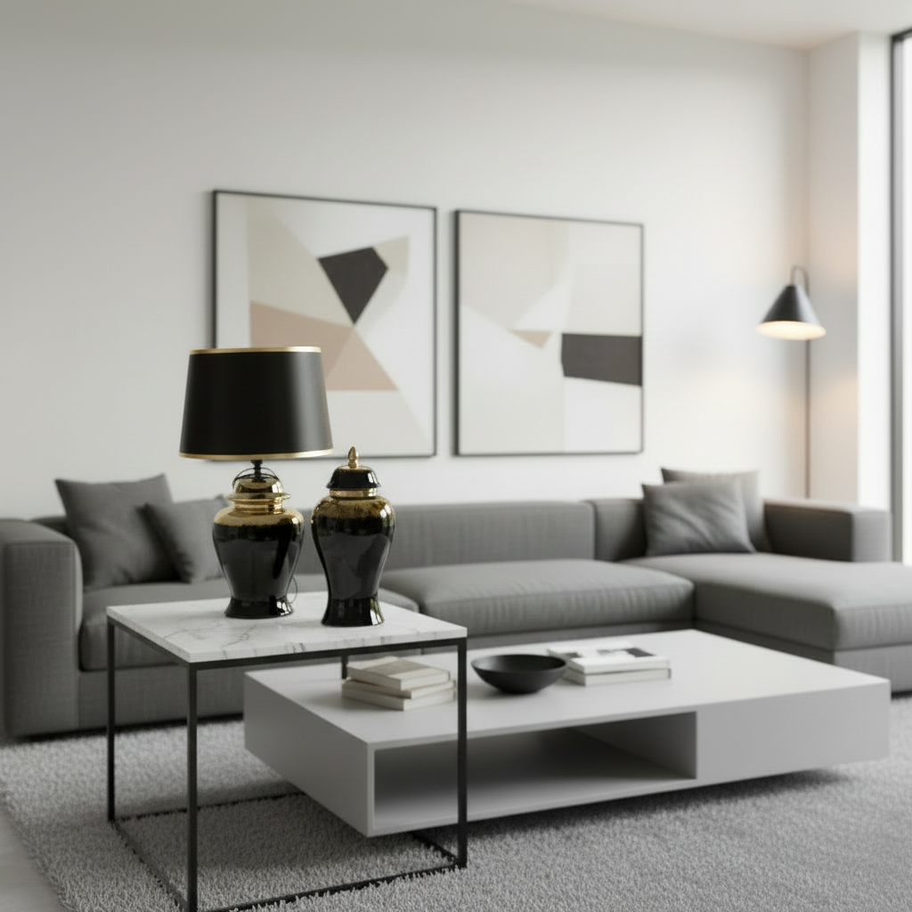 Modern living room with gray sectional sofa, white coffee table, and abstract art on the wall.