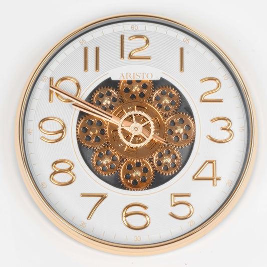 Decorative clock with gold gears and numbers on a white background