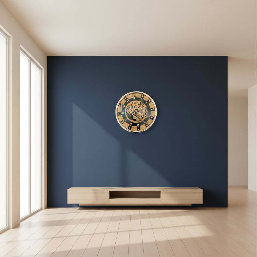 Gold mechanical clock on a white background