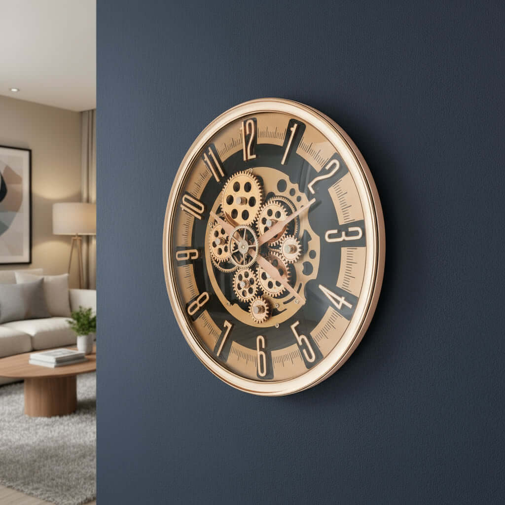 Gold mechanical wall clock on a white background