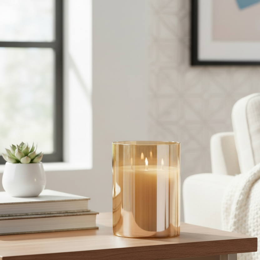 Decorative candle on a wooden table with a cozy living room setting