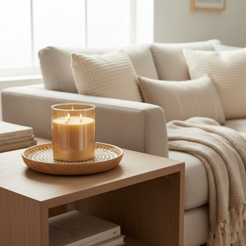 Candle on a wooden table in a cozy living room with a beige sofa and soft lighting.