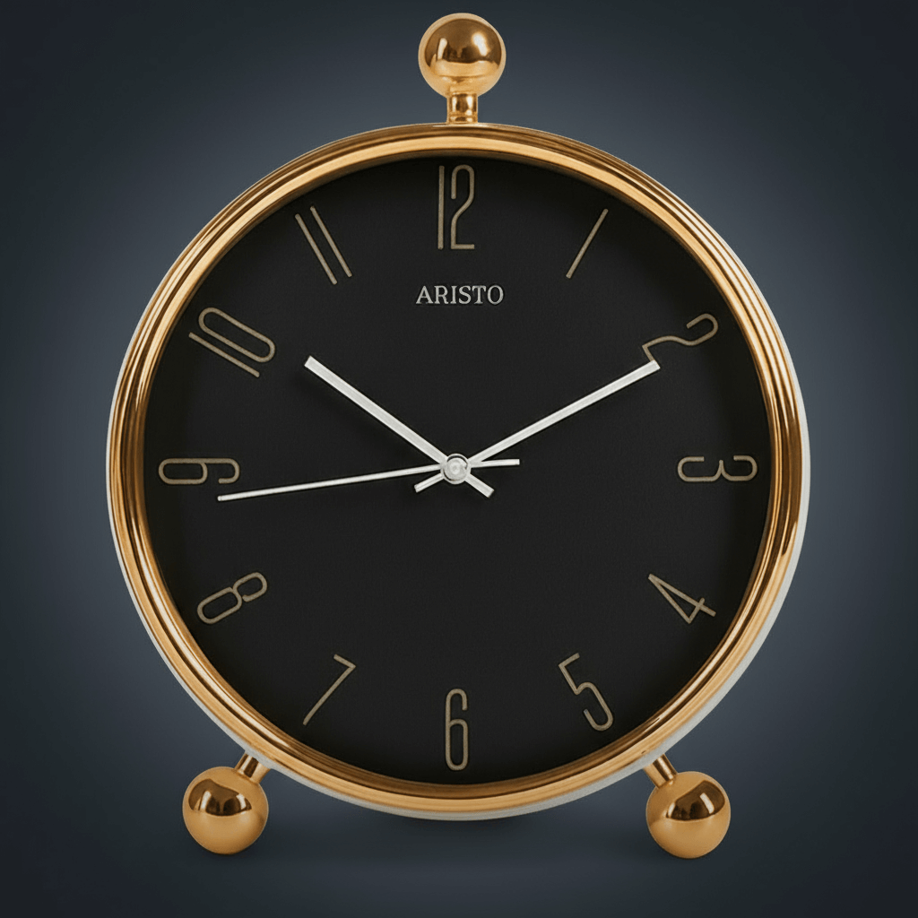 Gold-framed clock with black face on a white background