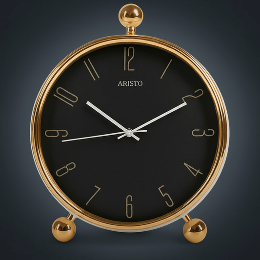 Gold-framed clock with black face on a white background