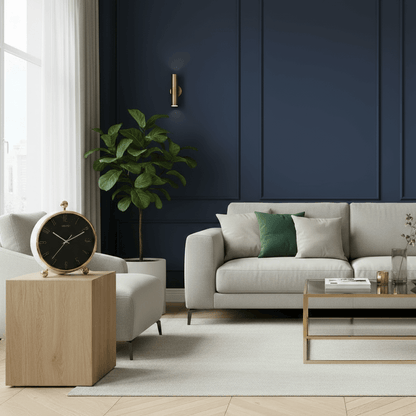 Elegant living room featuring Noir Luxe Table Clock on wooden table, highlighting modern decor and sophistication.
