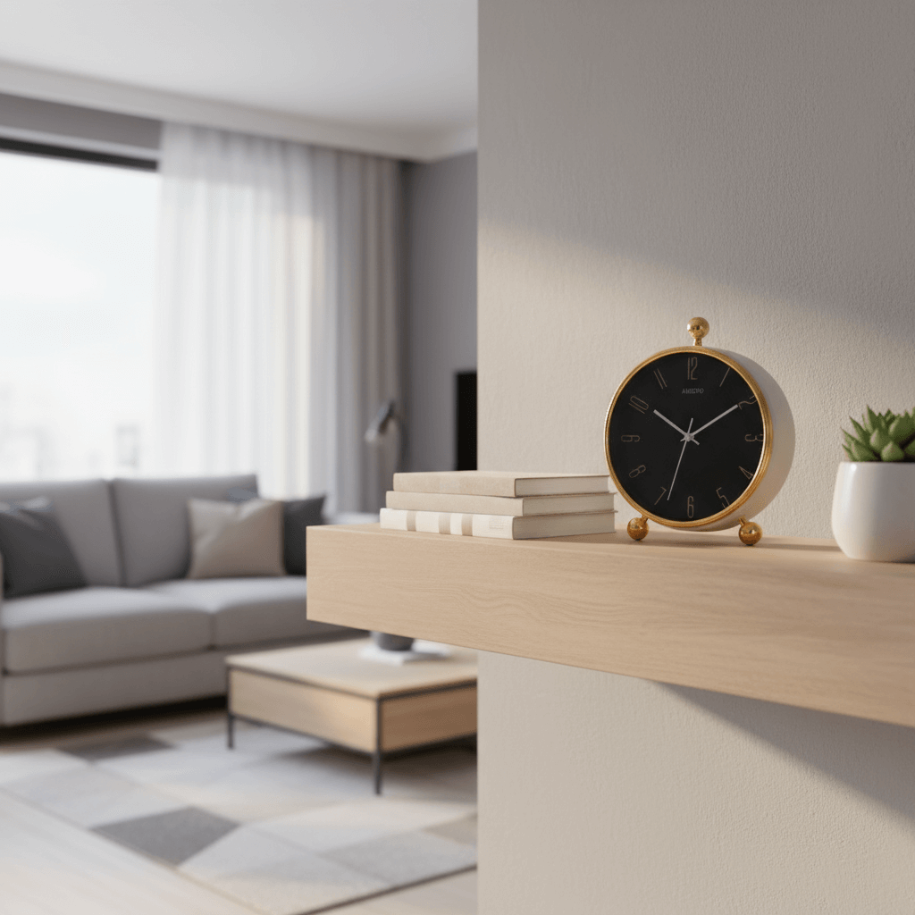 Noir Luxe Table Clock elegantly displayed on a shelf in a modern living room, showcasing refined minimalism.