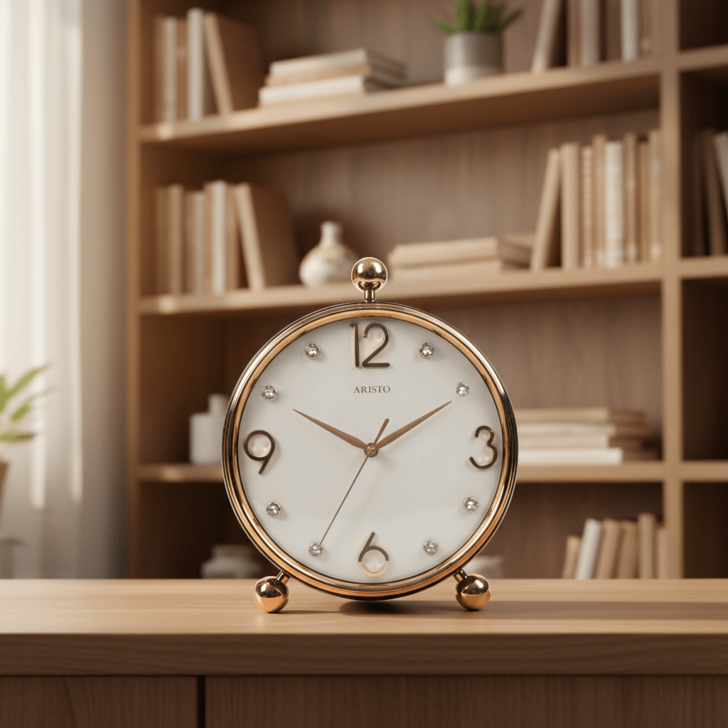 Elegant Crystal Luxe Table Clock with golden frame and crystal markers on wooden table.