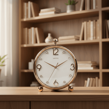 Elegant Crystal Luxe Table Clock with golden frame and crystal markers on wooden table.