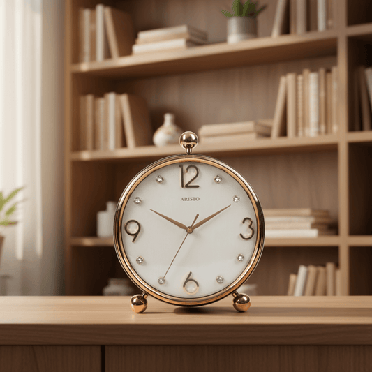 Elegant Crystal Luxe Table Clock with golden frame and crystal markers on wooden table.