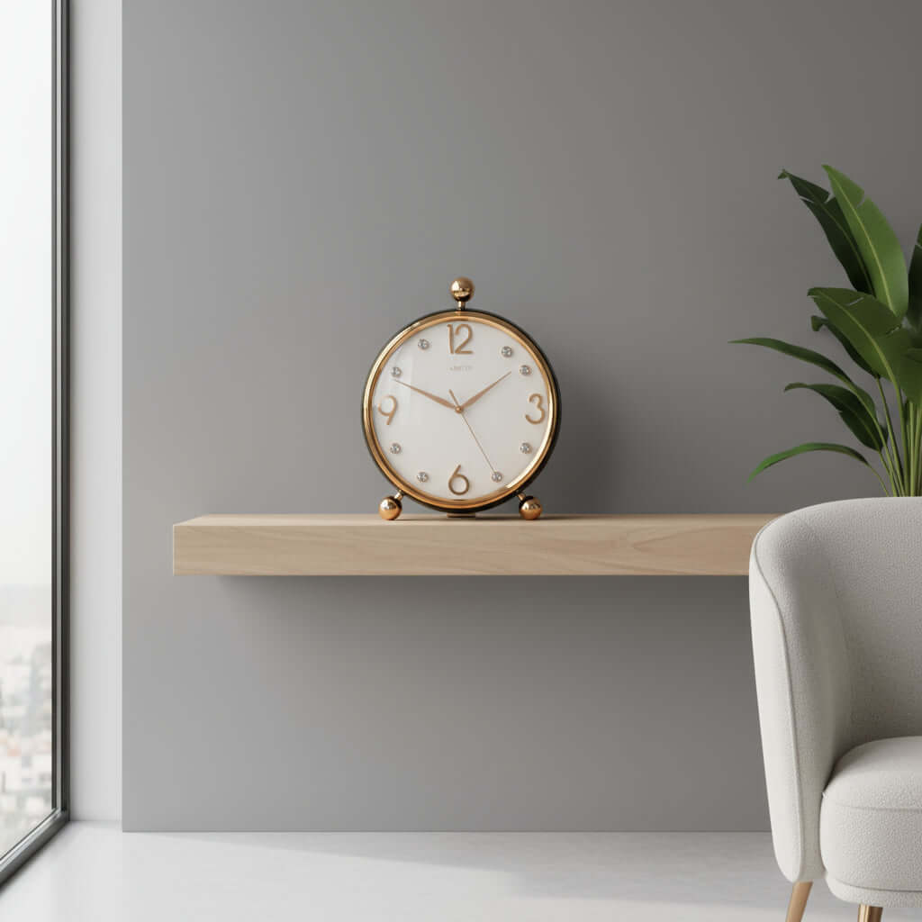 Decorative clock with gold accents on a white background