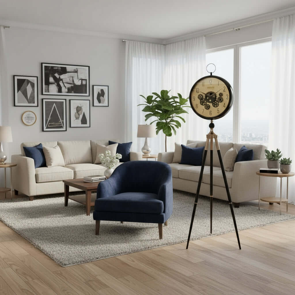 Decorative interior with a blue armchair, bookshelf, and standing clock.