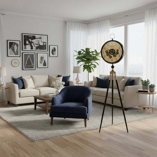 Decorative interior with a blue armchair, bookshelf, and standing clock.