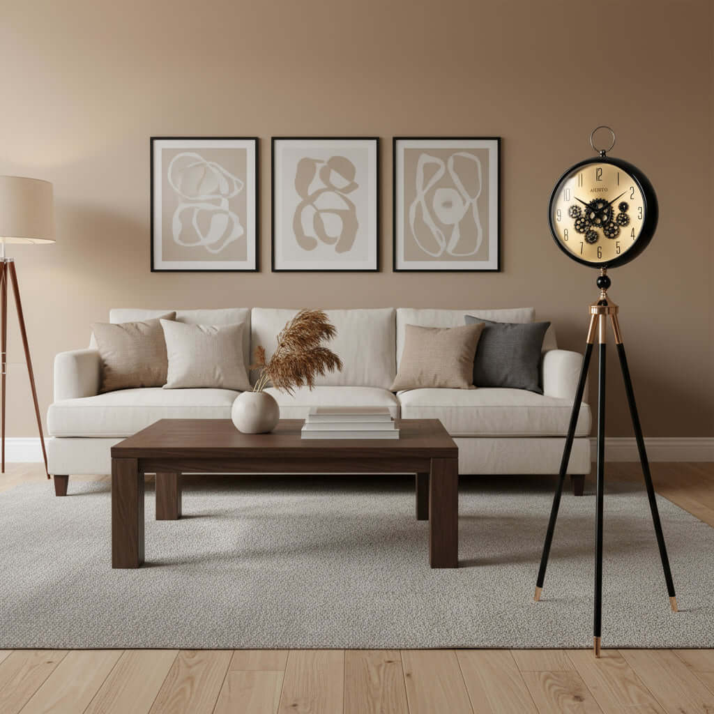 Decorative clock with gear design on a stand against a white background