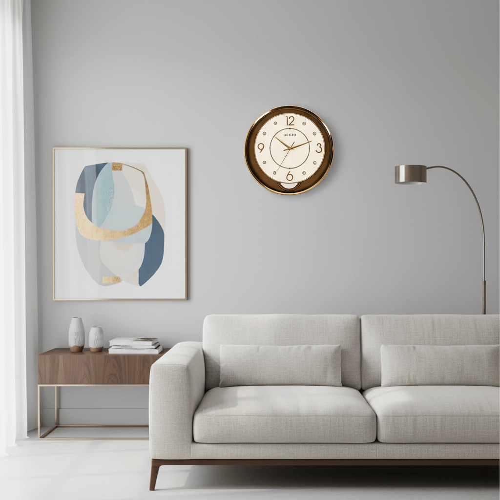 Wall clock with gold frame and white face on a light gray background