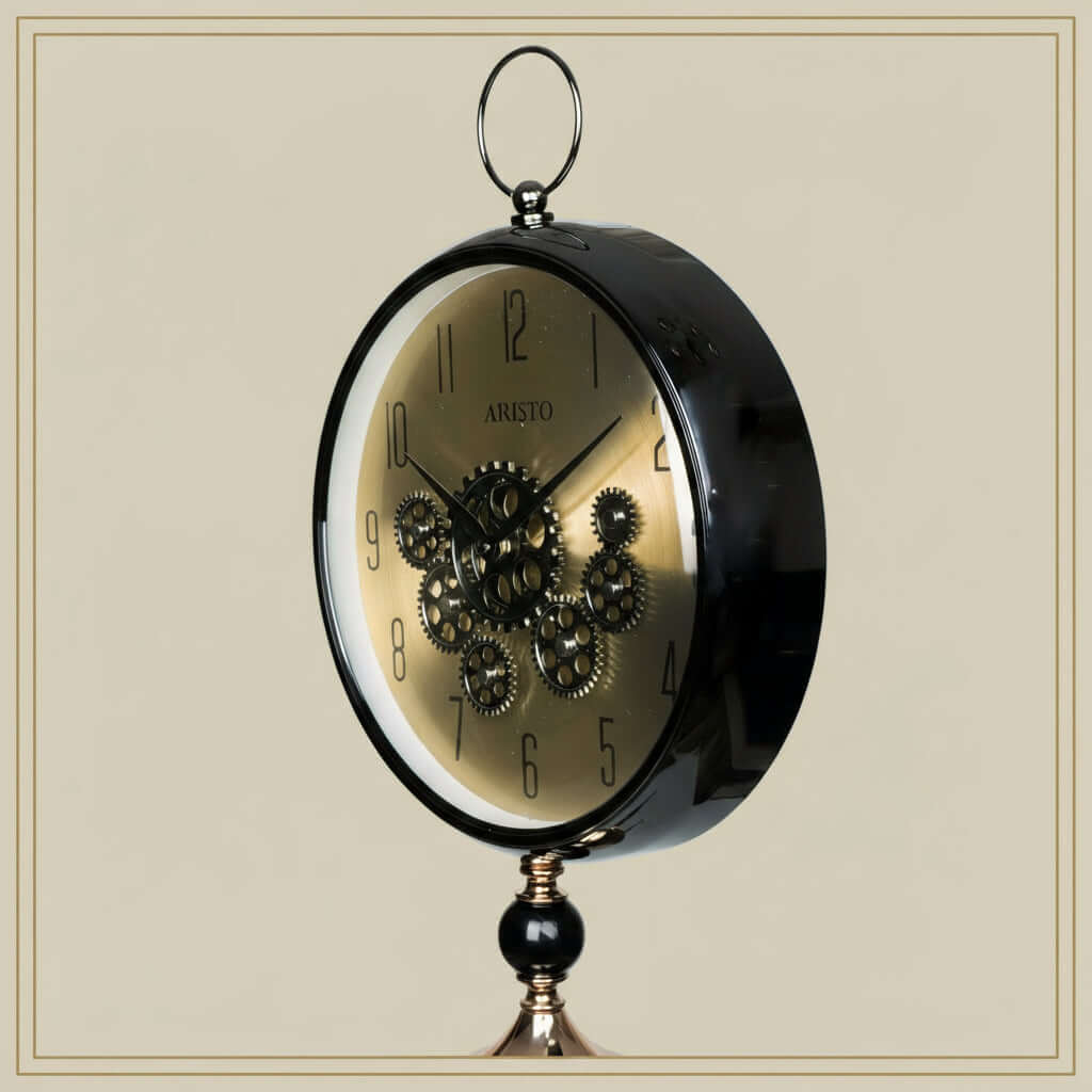 Decorative clock with gear design on a white background