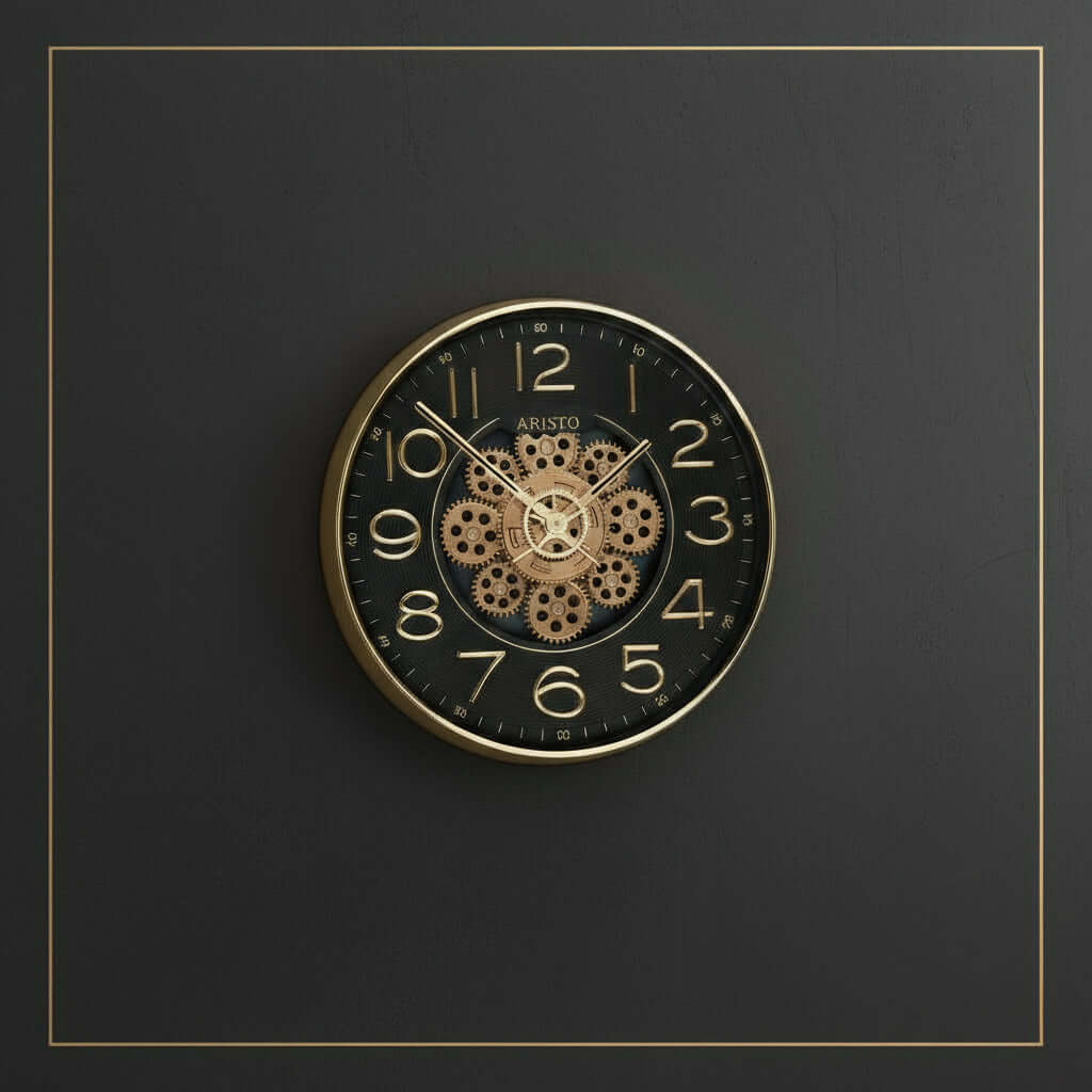 Decorative clock with visible gears on a white background