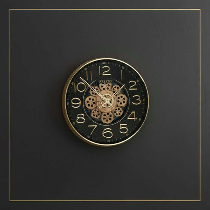 Decorative clock with visible gears on a white background