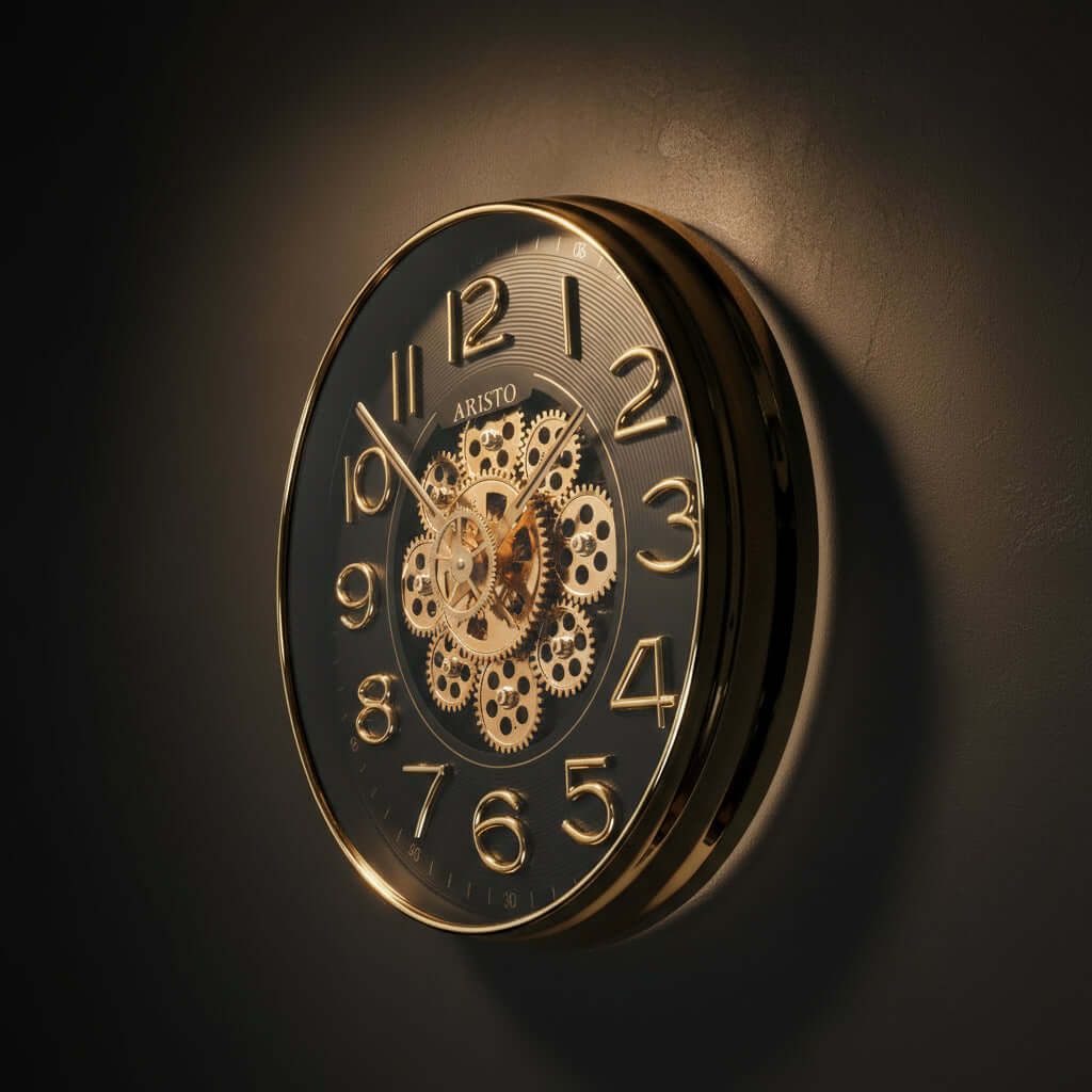 Decorative wall clock with gold casing and visible gears on a white background
