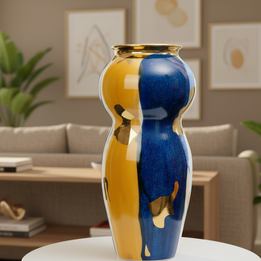 Decorative vase with blue and gold design on a table in a living room setting