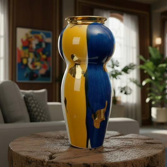 Decorative vase with blue and yellow design on a wooden surface in a living room setting.