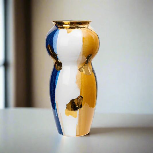 Artistic Wave: Abstract Vase with Bold Colors and Gold Accents (Medium)