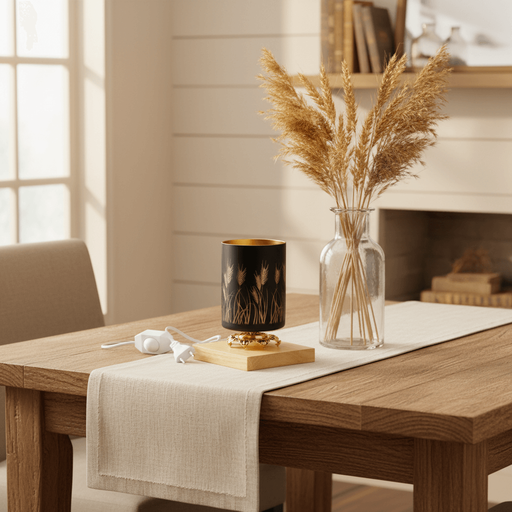 Wooden table with decorative items including a candle, vase with pampas grass, and books in a cozy room.