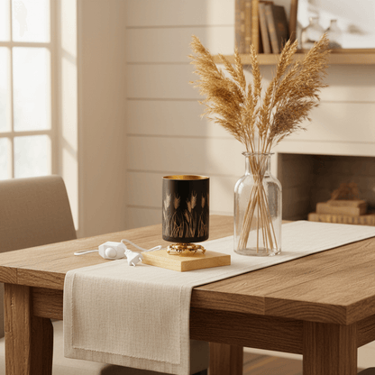 Wooden table with decorative items including a candle, vase with pampas grass, and books in a cozy room.